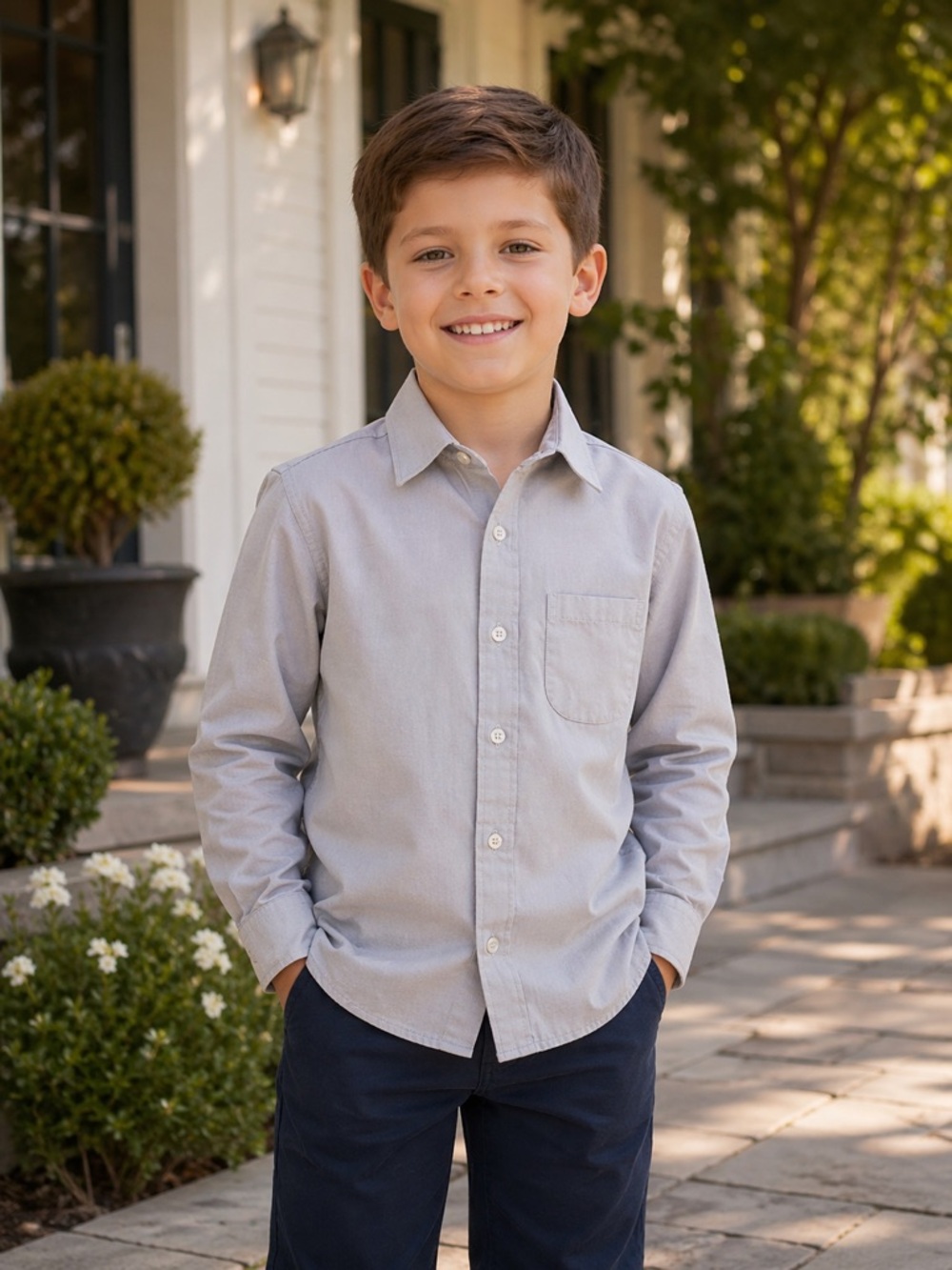 Omega Boys Light Gray Button Down Shirt Size 8 | Classic Dress Shirt